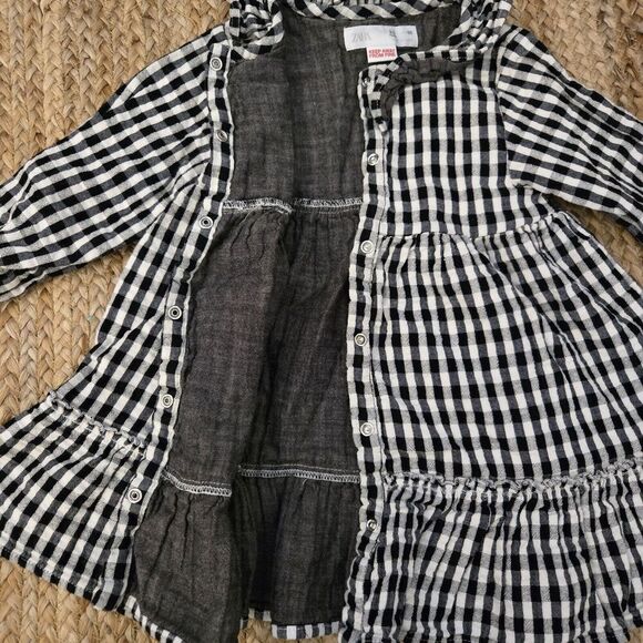 ZARA BLACK WHITE GINGHAM CHECK OVERSIZED COLLAR BUTTON DOWN SHIRT DRESS 2-3yrs - Picture 4 of 5
